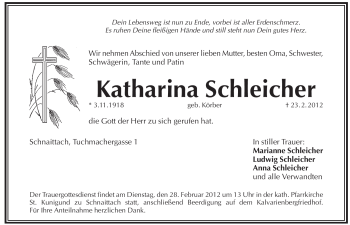 Traueranzeige von Katharina Schleicher von Pegnitz-Zeitung